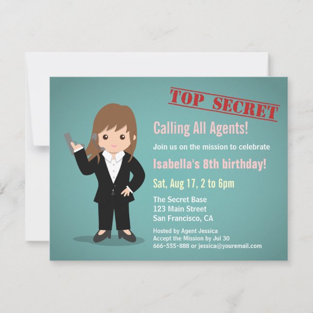 Invitation Fête d'anniversaire de l'agent secret Girl (Devant)