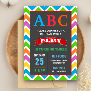 Invitation Fête d'anniversaire de l'alphabet coloré ABC Kids