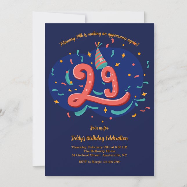 Invitation Fête d'anniversaire de l'année bissextile (Devant)
