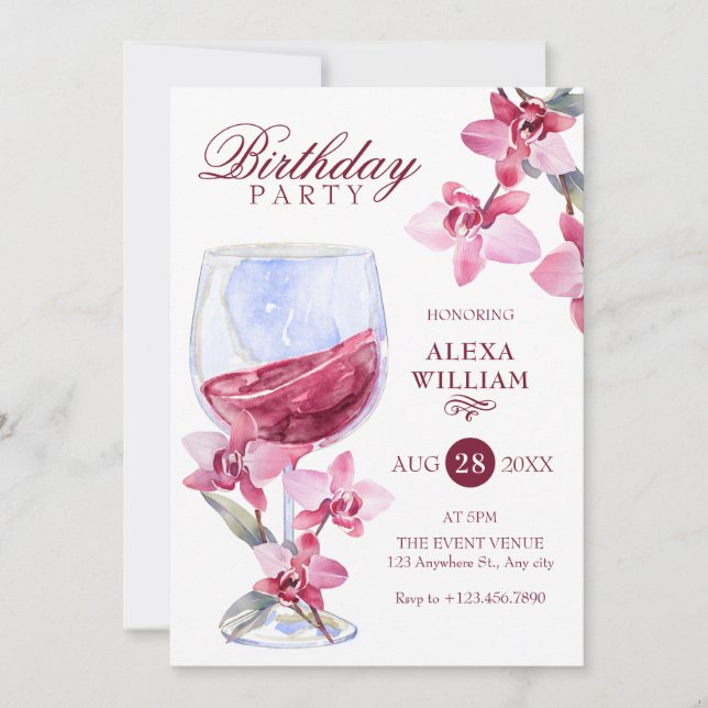 Invitation Fête d'anniversaire de l'aquarelle de vin d'orchid (Devant)