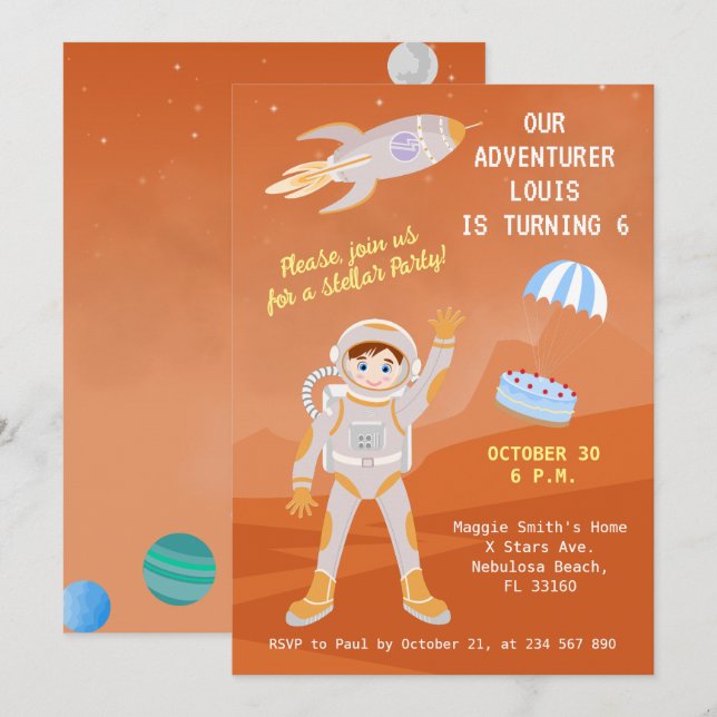 Invitation Fête d'anniversaire de l'astronaute de Mars (Devant / Derrière)