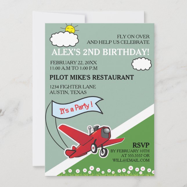 Invitation Fête d'anniversaire de l'atterrissage d'avion roug (Devant)