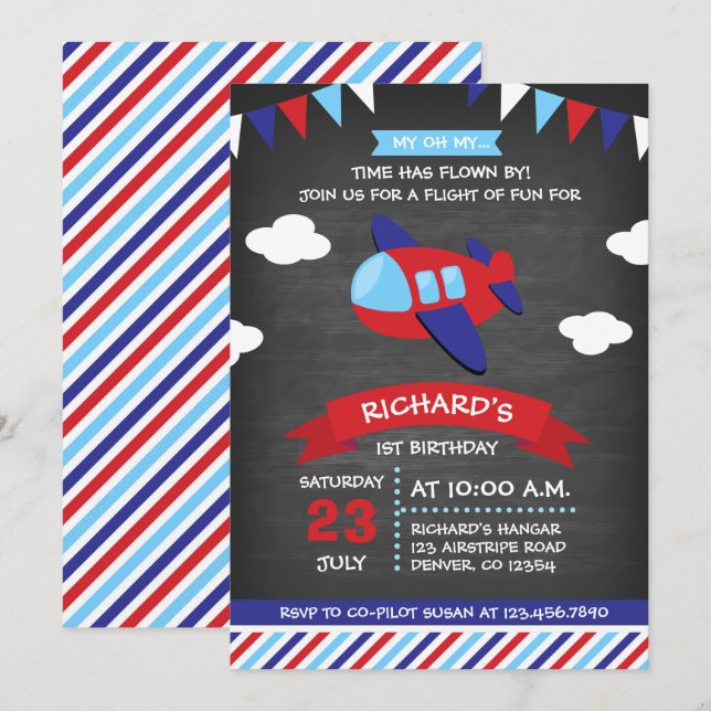Invitation Fête d'anniversaire de l'avion Red and Blue Chalkb (Devant / Derrière)