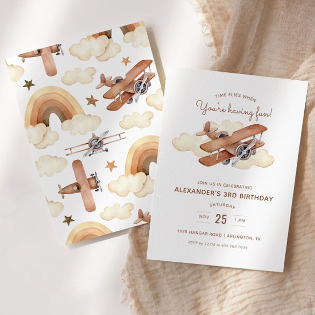 Invitation Fête d'anniversaire de l'avion vintage Biplane Boy (Créateur téléchargé)