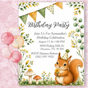 Invitation Fête d'anniversaire de l'écureuil, genre neutre