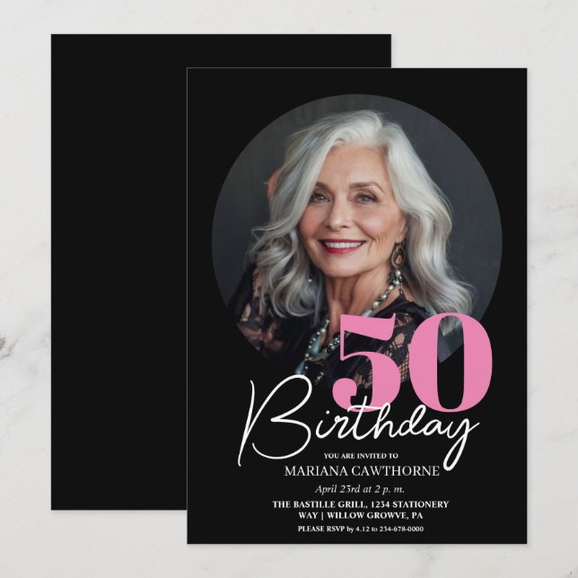 Invitation Fête d'anniversaire de l'élégant Black Pink modern (Devant / Derrière)