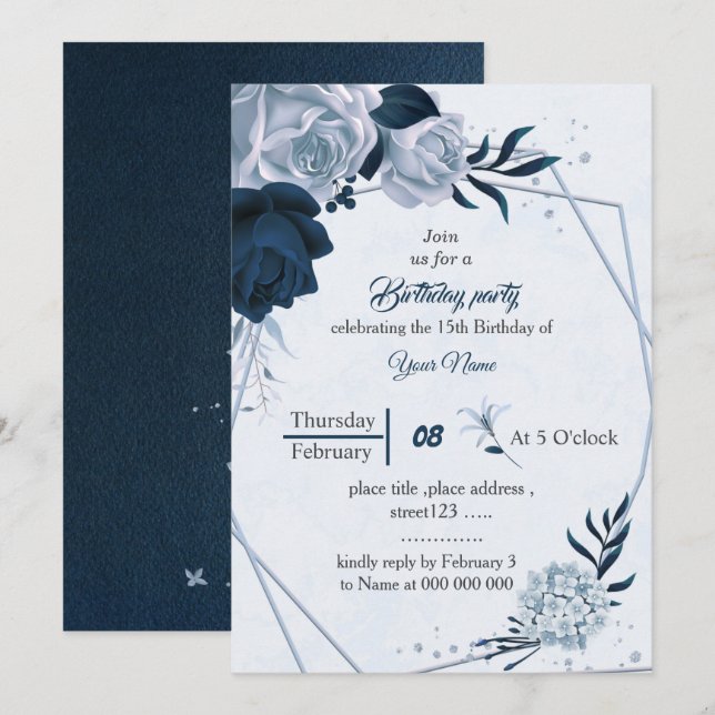 Invitation fête d'anniversaire de l'élégante marine bleu pous (Devant / Derrière)
