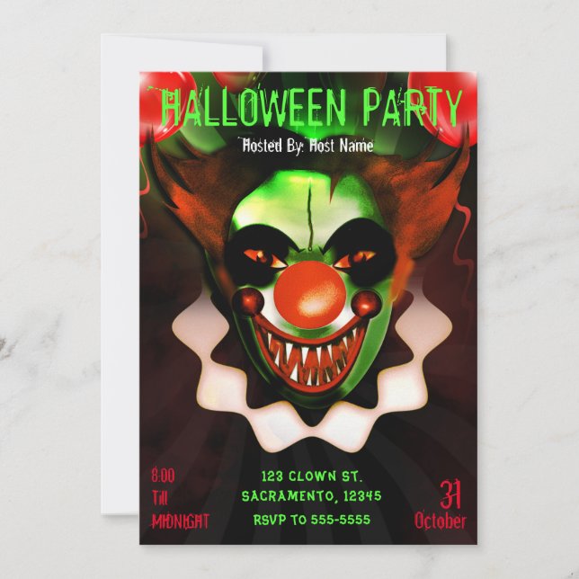 Invitation Fête d'anniversaire de l'Halloween Clown'a pas peu (Devant)