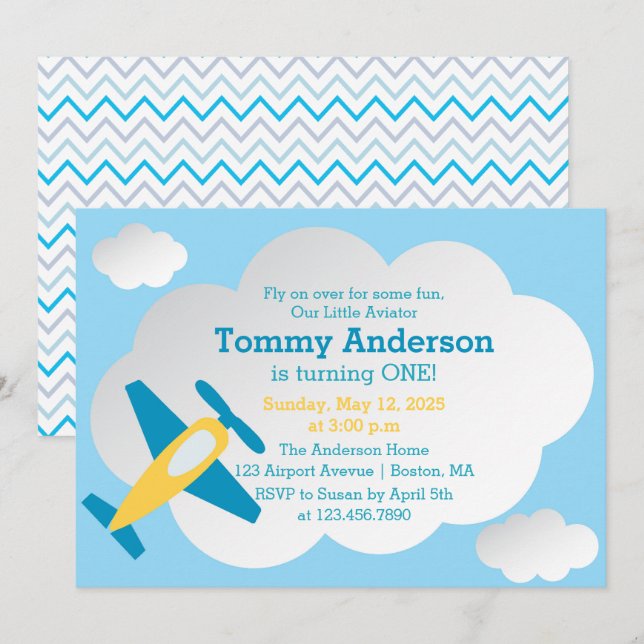 Invitation Fête d'anniversaire de Little Aviator (Devant / Derrière)