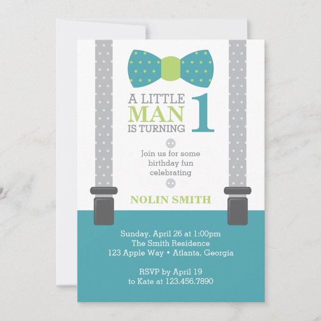 Invitation Fête d'anniversaire de Little Man, Turquoise, Gris (Devant)