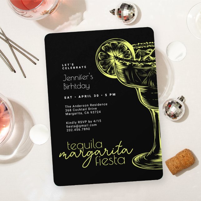 Invitation Fête d'anniversaire de Margarita noire moderne (Créateur téléchargé)
