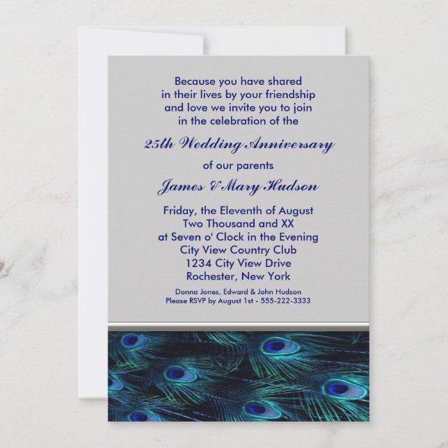 Invitation Fête d'anniversaire de mariage de 25 ans au Paon (Devant)