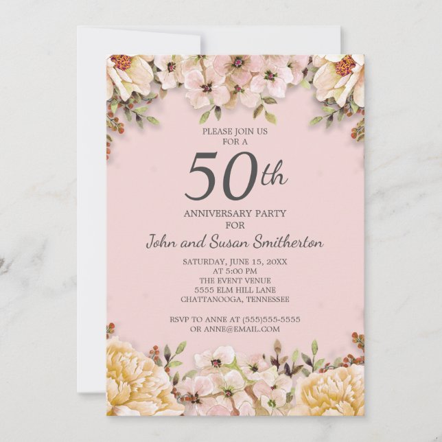 Invitation Fête d'anniversaire de mariage de 50 ans aux fleur (Devant)