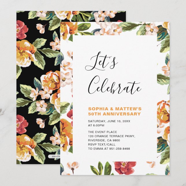 Invitation Fête d'anniversaire de mariage de 50 ans aux fleur (Devant / Derrière)