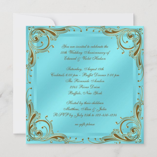 Invitation Fête d'anniversaire de mariage de 50 ans bleu sarc (Devant)