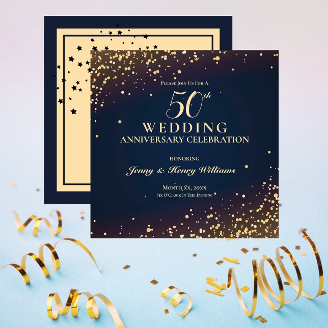 Invitation Fête d'anniversaire de mariage de 50 ans dorée (Golden 50th Wedding Anniversary Party Invitation)