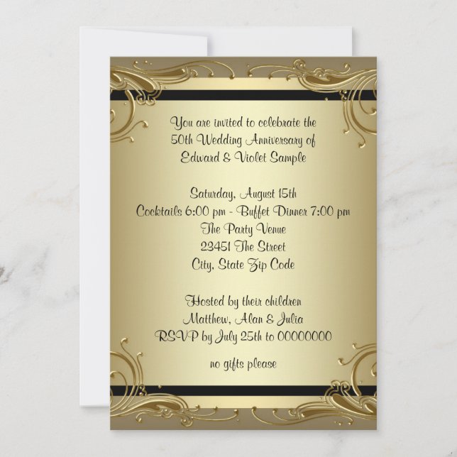 Invitation Fête d'anniversaire de mariage de 50 ans en or élé (Devant)