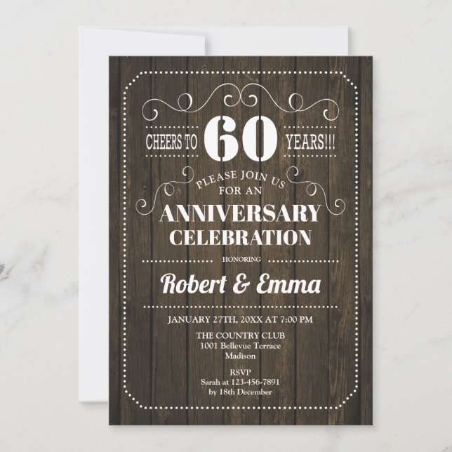 Invitation Fête d'anniversaire de mariage de 60 ans en bois r (Devant)