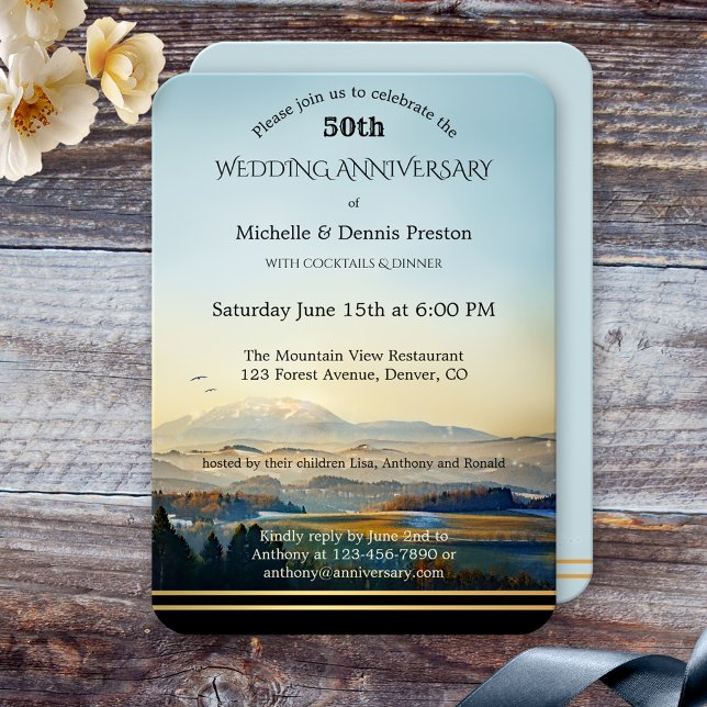 Invitation Fête d'anniversaire de mariage Painted Mountains (Elegant wedding anniversary invitation featuring a pretty painted mountain landscape scene)