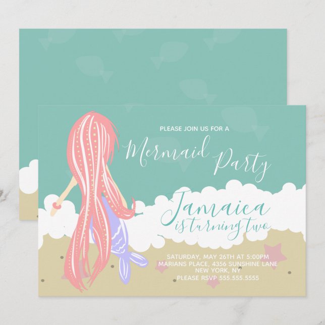 Invitation Fête d'anniversaire de Mermaid Ocean Beach (Devant / Derrière)