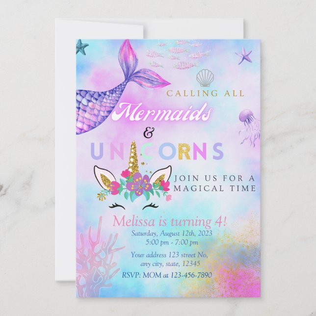 Invitation Fête d'anniversaire de Mermaid & Unicorn pour une  (Devant)