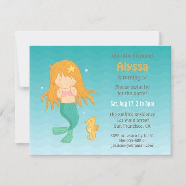 Invitation Fête D'Anniversaire De Mignonnes Sirènes Et Cheval (Devant)