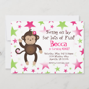 Invitation Fête d'anniversaire de Mod Monkey Pink et Green St