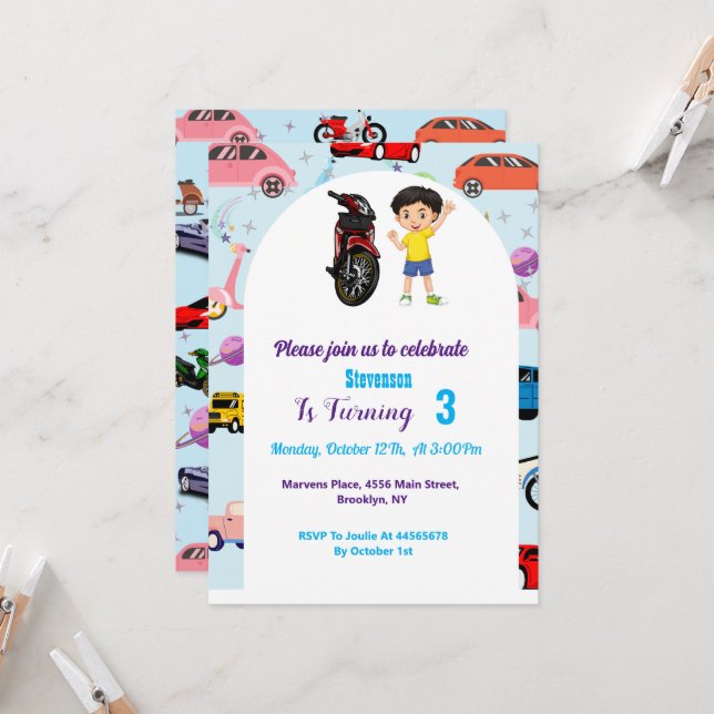 Invitation Fête d'anniversaire de moto de voiture Cute person (Devant/Arrière en situation)