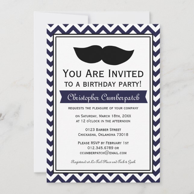 Invitation Fête d'anniversaire de Navy Blue Mustache Chevron (Devant)