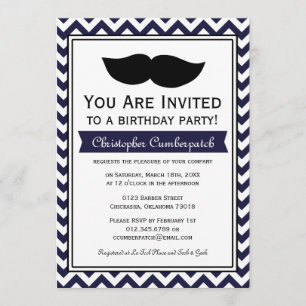 Invitation Fête d'anniversaire de Navy Blue Mustache Chevron