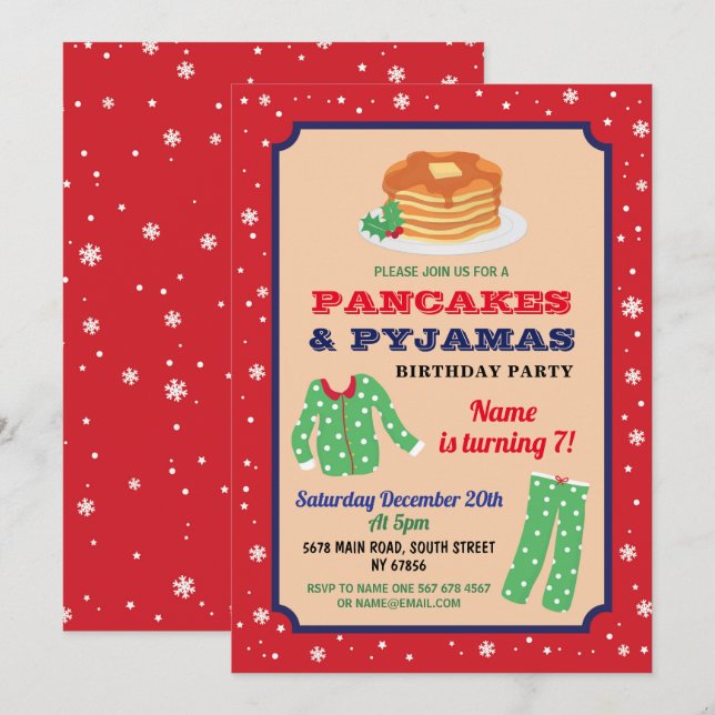 Invitation Fête d'anniversaire de Noël en pyjama et crêpes Bl (Devant / Derrière)