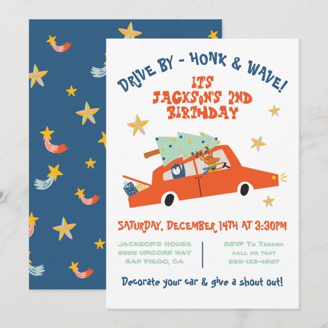 Invitation Fête d'anniversaire de Noël en voiture (Devant / Derrière)