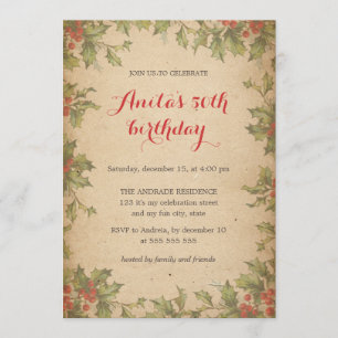 Invitation Fête d'anniversaire de Noël Vintage Holly Wreath 5