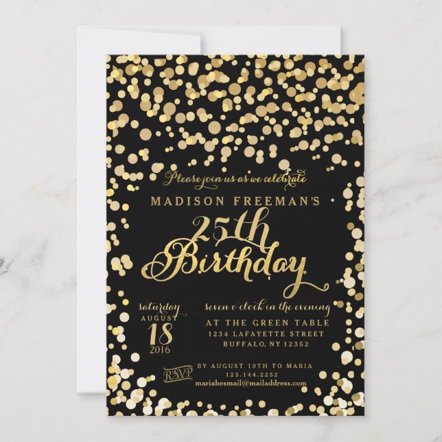 Invitation Fête d'anniversaire de noir de confettis de (Devant)