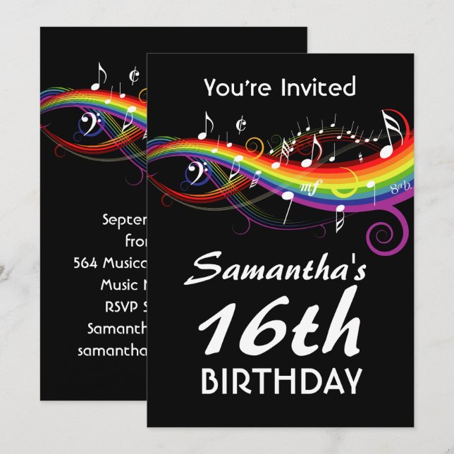 Invitation Fête d'anniversaire de notes blanches de musique (Devant / Derrière)