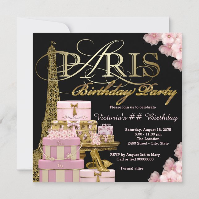 Invitation Fête d'anniversaire de Paris rose (Devant)