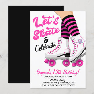 Invitation Fête d'anniversaire de patin à roulettes rose et n