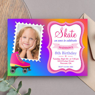 Invitation Fête d'anniversaire de patin à roulettes rose pour