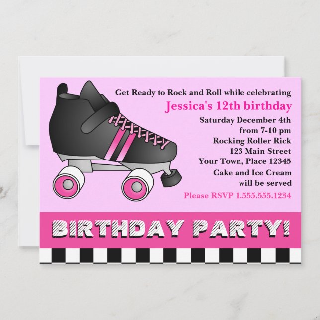 Invitation Fête d'anniversaire de Patinage à roulettes roses (Devant)