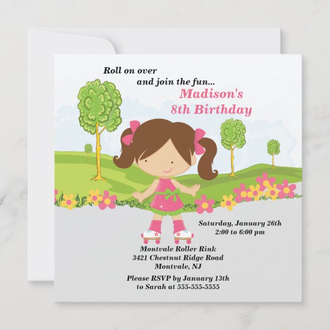 Invitation Fête d'anniversaire de patinage de fille mignonne (Devant)