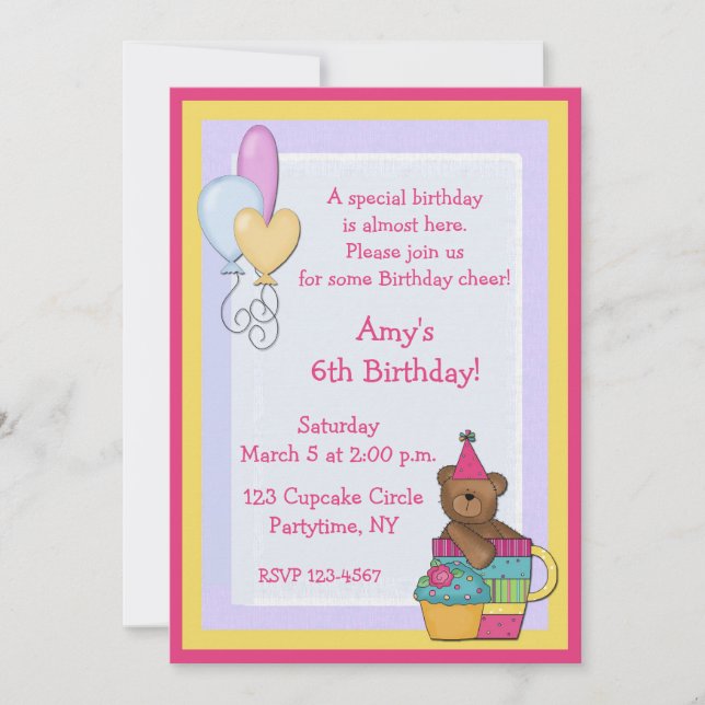 Invitation Fête d'anniversaire de petit gâteau d'ours (Devant)