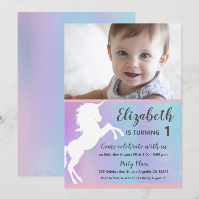 Invitation Fête d'anniversaire de photo de bébé de licorne (Devant / Derrière)