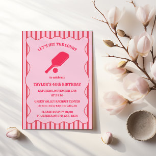 Invitation Fête d'anniversaire de Pickleball rayée rouge et r