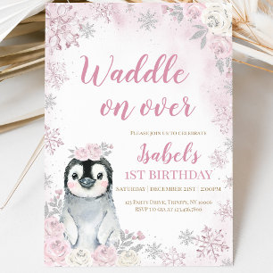 Invitation Fête d'anniversaire de pingouin d'hiver rose