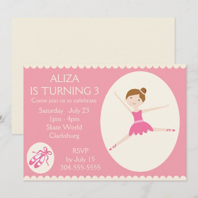 Invitation Fête d'anniversaire de Pink Ballerina (Devant / Derrière)