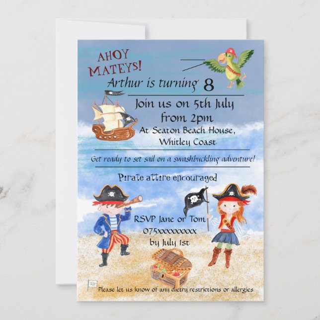Invitation Fête d'anniversaire de pirates chasse au trésor (Devant)