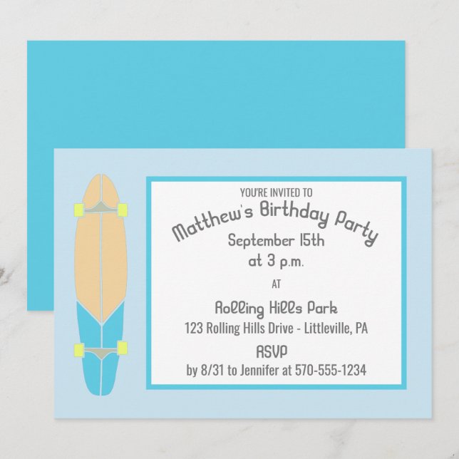 Invitation Fête d'anniversaire de planche à roulettes (Devant / Derrière)