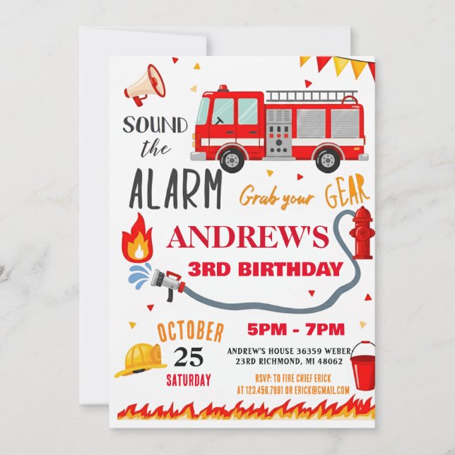 Invitation Fête d'anniversaire de pompier moderne pour garçon (Devant)