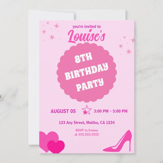 Invitation Fête d'anniversaire de poupée rose, Fille (Devant)