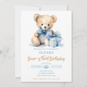 Invitation Fête d'anniversaire de premier ours en peluche aqu